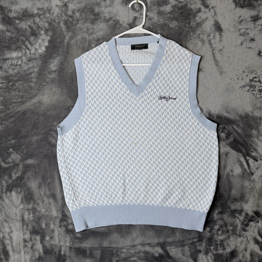Bobby Jones Golf V-Neck Sleeveless Vest Size Large Houndstooth Light Blue